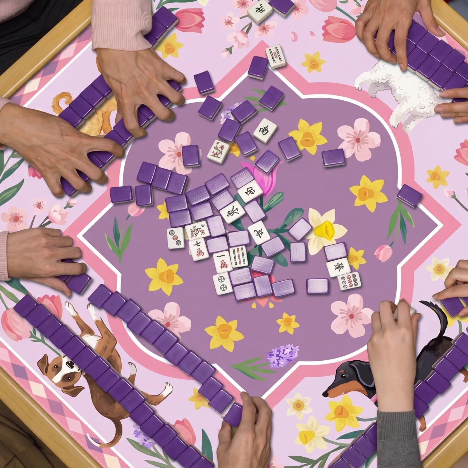 Pink floral playing mat with cute dogs, additional view