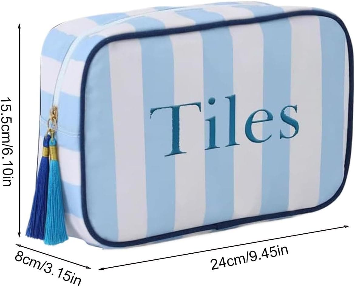 Storage pouch, blue and white stripes, additional view