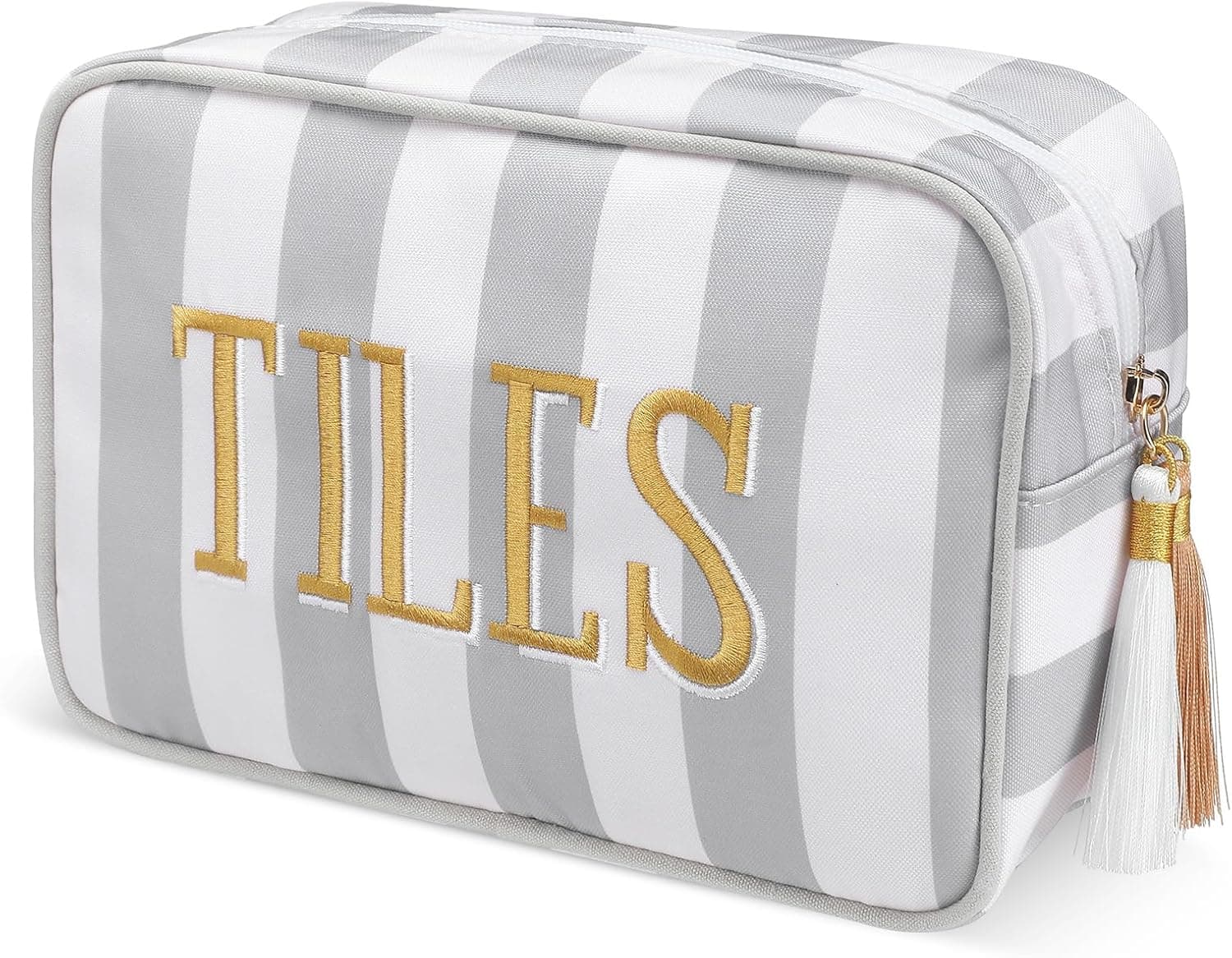 Storage pouch, white and grey stripes with gold lettering
