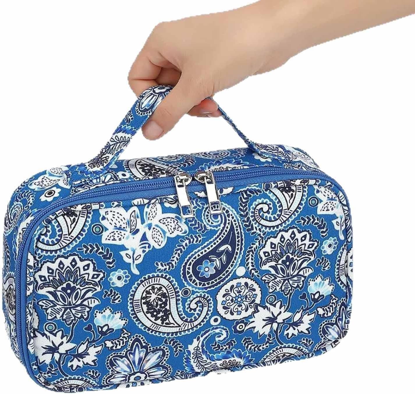 Storage pouch, dark blue paisley design, additional view