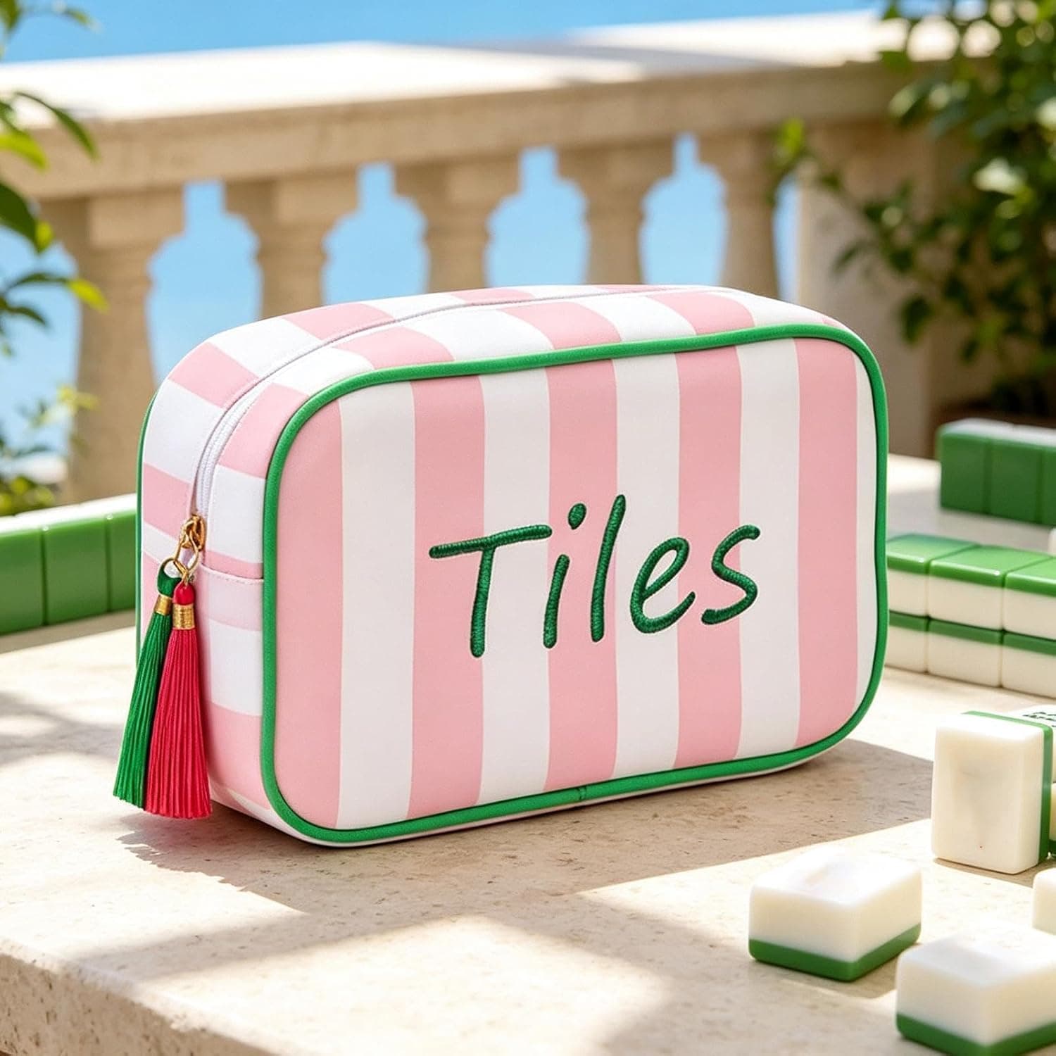 Storage pouch, pink and white stripes with green lining