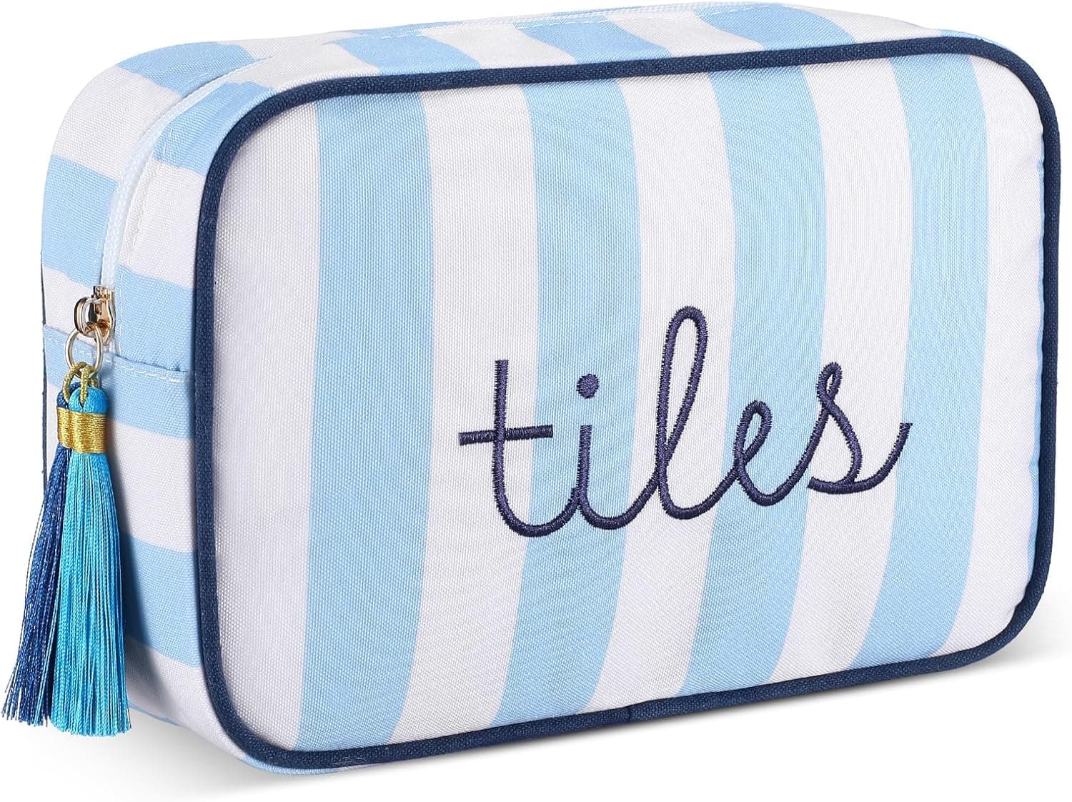 Storage pouch, blue and white stripes