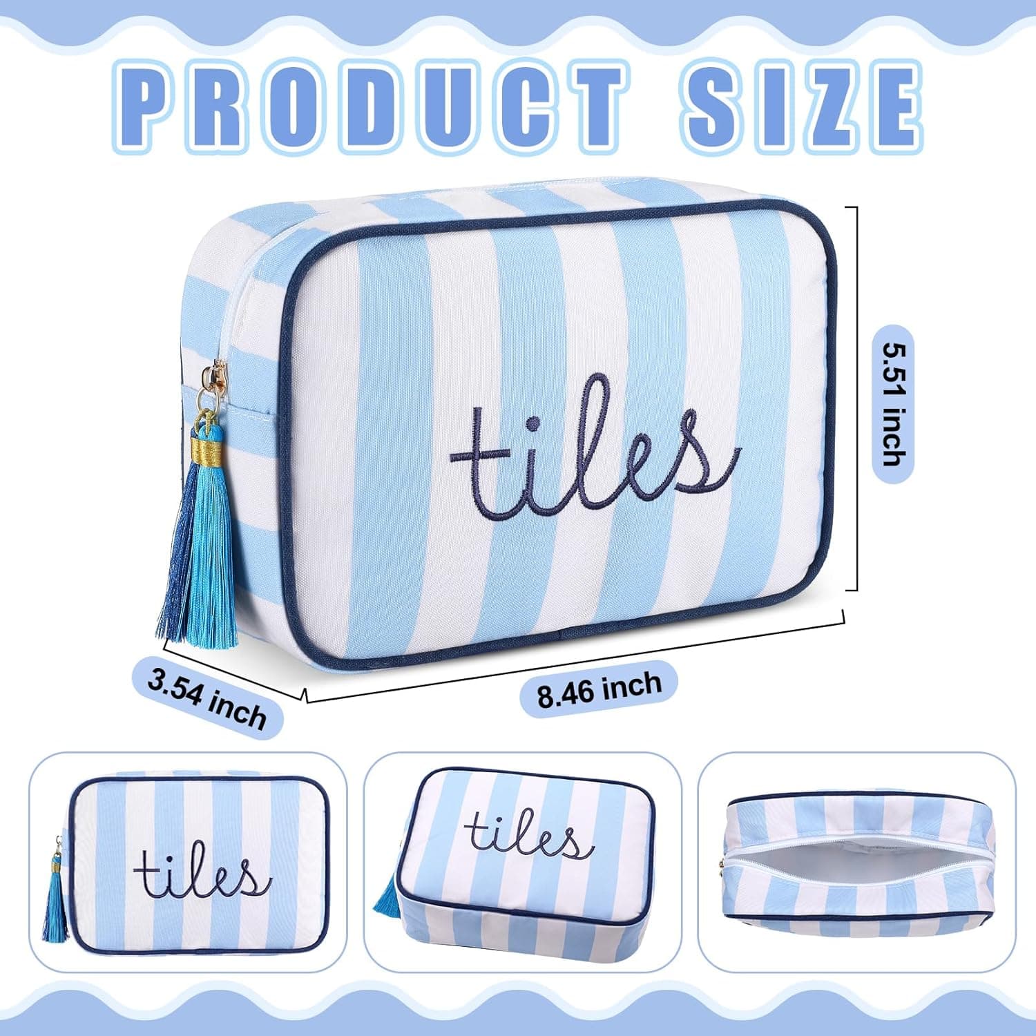 Storage pouch, blue and white stripes, additional view