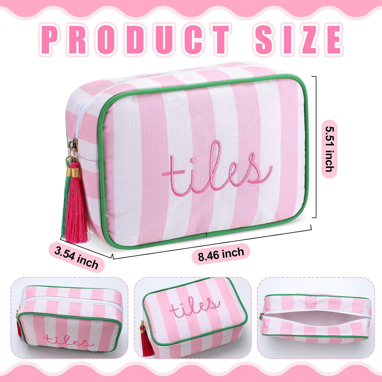 Storage pouch, pink and white stripes with green lining, additional view