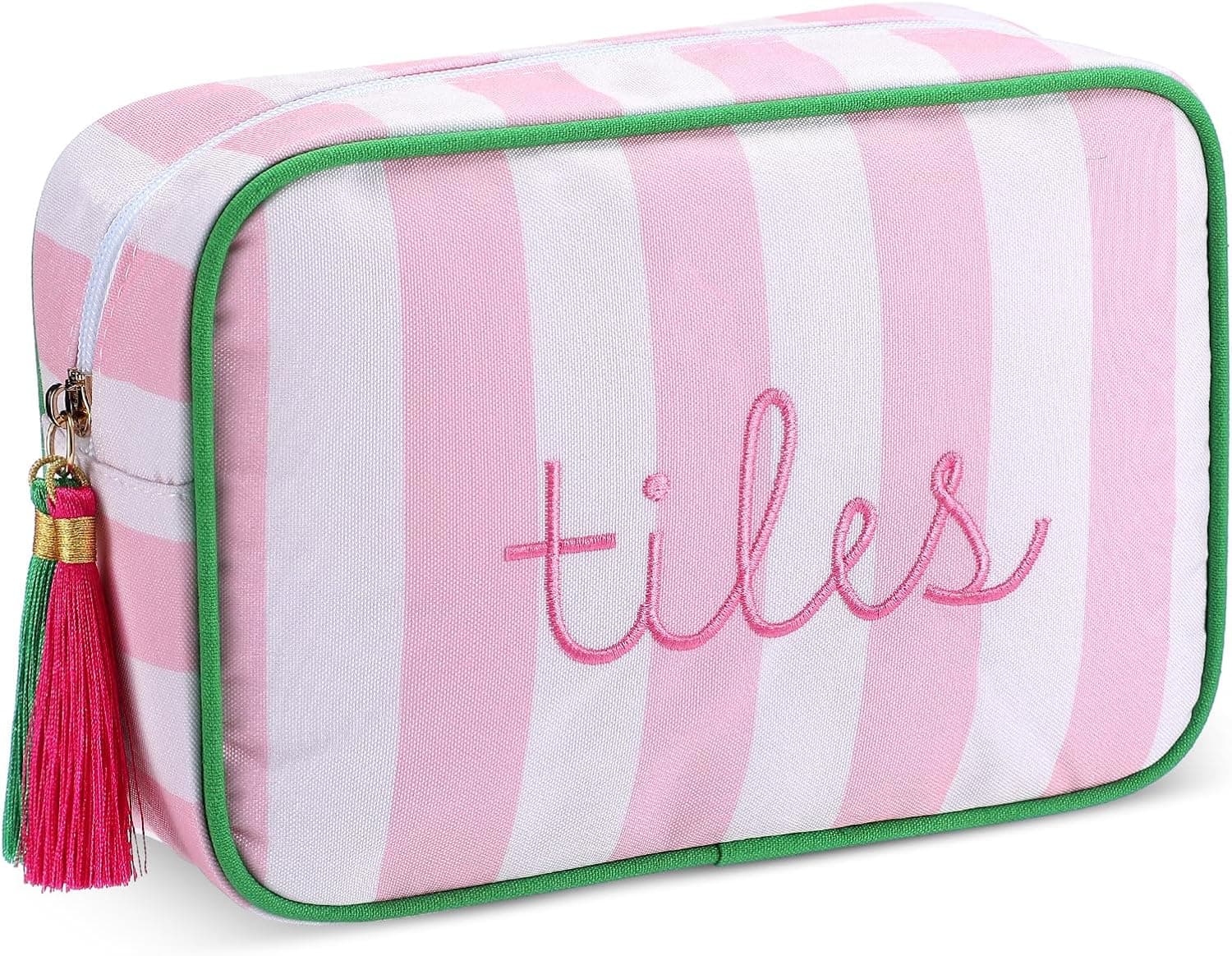 Storage pouch, pink and white stripes with green lining, US listing