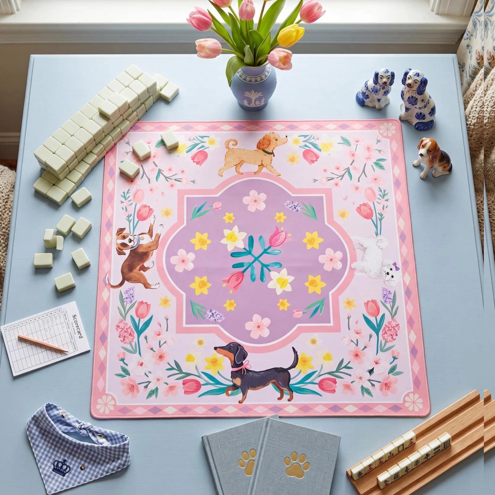 Pink floral playing mat with cute dogs