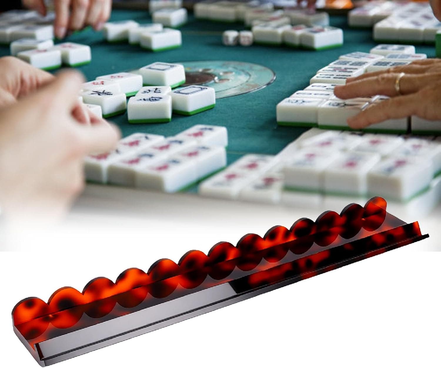 Tortoiseshell acrylic mahjong rack with wavy magnetic pusher